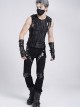 Black Tie-Dye Knitted Vest Sides Splicing Mesh Shoulders Glazed Leather Decoration Punk Style Men's Sleeveless T-Shirt