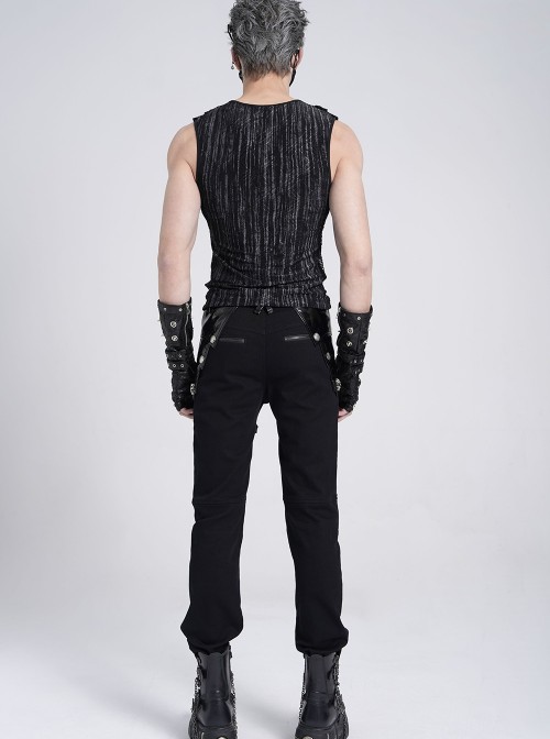 Black Tie-Dye Knitted Vest Sides Splicing Mesh Shoulders Glazed Leather Decoration Punk Style Men's Sleeveless T-Shirt