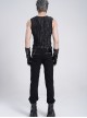 Black Tie-Dye Knitted Vest Sides Splicing Mesh Shoulders Glazed Leather Decoration Punk Style Men's Sleeveless T-Shirt