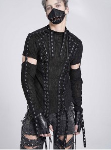 Black Translucent Tree-Pattern Stretch Knit Half-Cut Long Sleeves Drawstrings Decoration Punk Style Men's T-Shirt