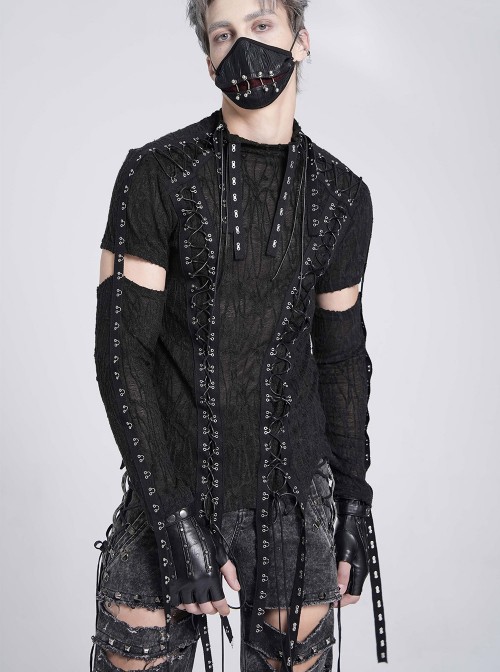 Black Translucent Tree-Pattern Stretch Knit Half-Cut Long Sleeves Drawstrings Decoration Punk Style Men's T-Shirt