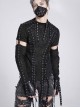 Black Translucent Tree-Pattern Stretch Knit Half-Cut Long Sleeves Drawstrings Decoration Punk Style Men's T-Shirt