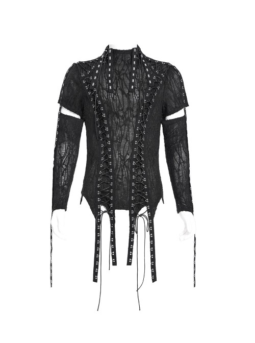 Black Translucent Tree-Pattern Stretch Knit Half-Cut Long Sleeves Drawstrings Decoration Punk Style Men's T-Shirt