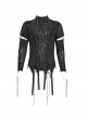 Black Translucent Tree-Pattern Stretch Knit Half-Cut Long Sleeves Drawstrings Decoration Punk Style Men's T-Shirt