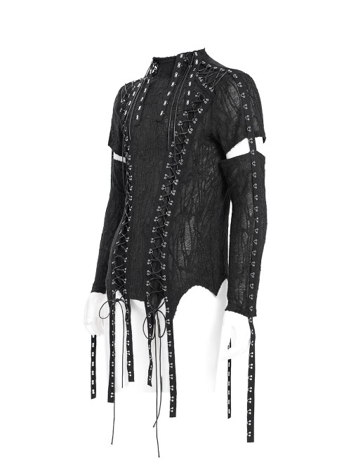 Black Translucent Tree-Pattern Stretch Knit Half-Cut Long Sleeves Drawstrings Decoration Punk Style Men's T-Shirt