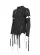 Black Translucent Tree-Pattern Stretch Knit Half-Cut Long Sleeves Drawstrings Decoration Punk Style Men's T-Shirt