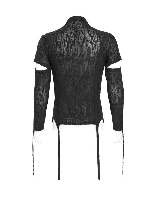 Black Translucent Tree-Pattern Stretch Knit Half-Cut Long Sleeves Drawstrings Decoration Punk Style Men's T-Shirt