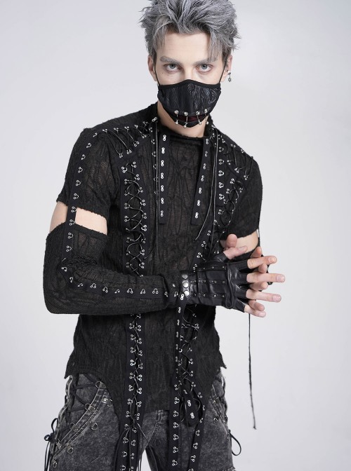 Black Translucent Tree-Pattern Stretch Knit Half-Cut Long Sleeves Drawstrings Decoration Punk Style Men's T-Shirt