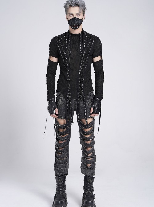 Black Translucent Tree-Pattern Stretch Knit Half-Cut Long Sleeves Drawstrings Decoration Punk Style Men's T-Shirt