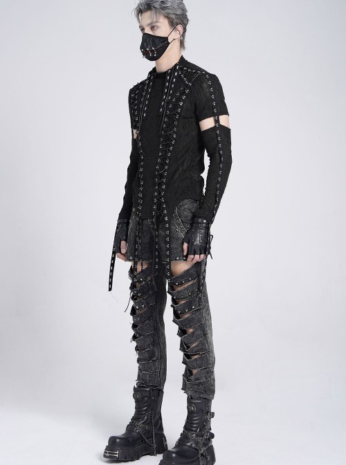 Black Translucent Tree-Pattern Stretch Knit Half-Cut Long Sleeves Drawstrings Decoration Punk Style Men's T-Shirt