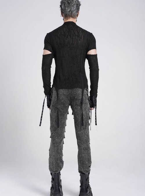 Black Translucent Tree-Pattern Stretch Knit Half-Cut Long Sleeves Drawstrings Decoration Punk Style Men's T-Shirt
