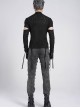 Black Translucent Tree-Pattern Stretch Knit Half-Cut Long Sleeves Drawstrings Decoration Punk Style Men's T-Shirt