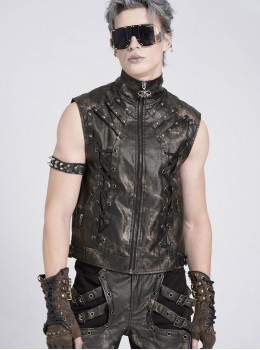 Black Two-Tone Faux Leather Front Small Straps Metal Rivets Decoration Stand Collar Skull Zipper Punk Style Men's Vest