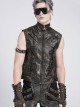Black Two-Tone Faux Leather Front Small Straps Metal Rivets Decoration Stand Collar Skull Zipper Punk Style Men's Vest