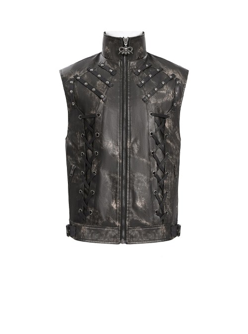 Black Two-Tone Faux Leather Front Small Straps Metal Rivets Decoration Stand Collar Skull Zipper Punk Style Men's Vest