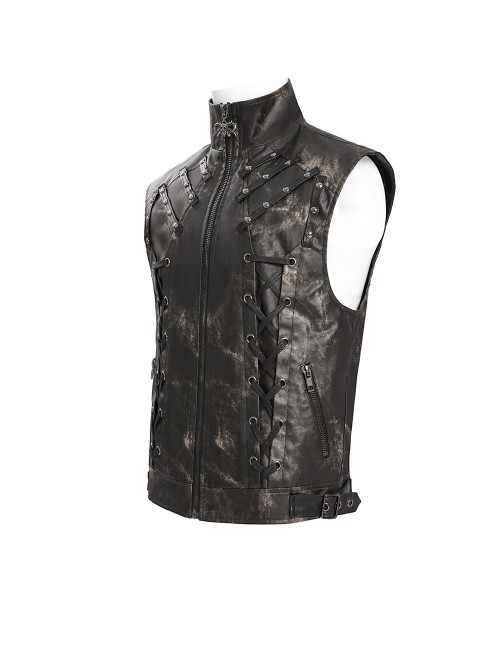 Black Two-Tone Faux Leather Front Small Straps Metal Rivets Decoration Stand Collar Skull Zipper Punk Style Men's Vest