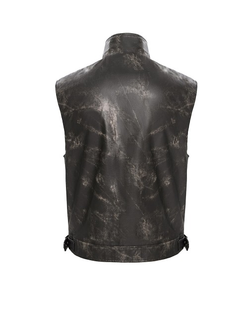 Black Two-Tone Faux Leather Front Small Straps Metal Rivets Decoration Stand Collar Skull Zipper Punk Style Men's Vest