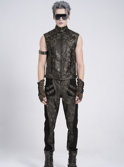 Black Two-Tone Faux Leather Front Small Straps Metal Rivets Decoration Stand Collar Skull Zipper Punk Style Men's Vest