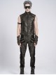 Black Two-Tone Faux Leather Front Small Straps Metal Rivets Decoration Stand Collar Skull Zipper Punk Style Men's Vest