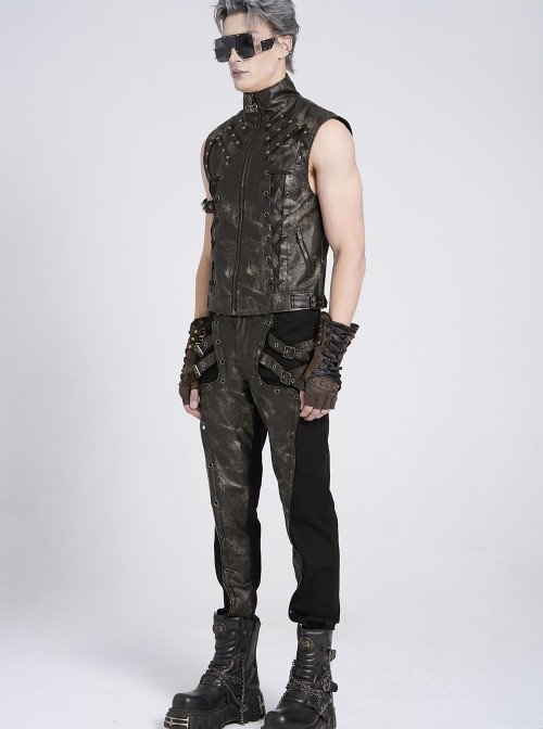Black Two-Tone Faux Leather Front Small Straps Metal Rivets Decoration Stand Collar Skull Zipper Punk Style Men's Vest