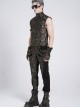 Black Two-Tone Faux Leather Front Small Straps Metal Rivets Decoration Stand Collar Skull Zipper Punk Style Men's Vest