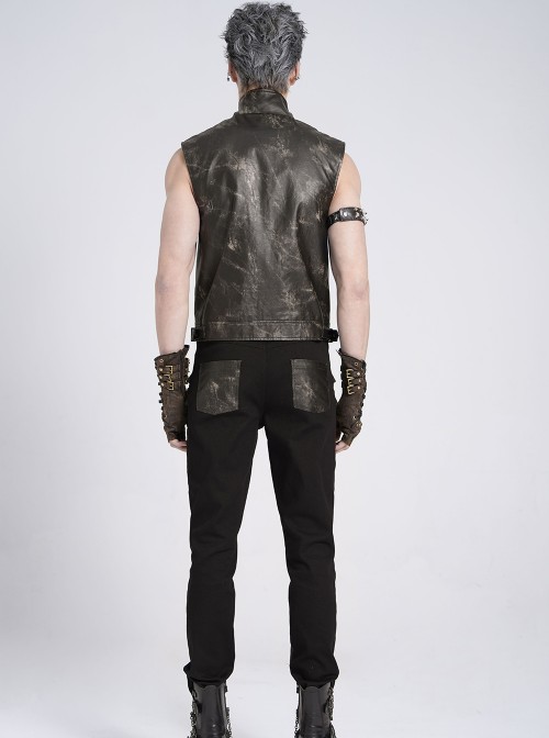 Black Two-Tone Faux Leather Front Small Straps Metal Rivets Decoration Stand Collar Skull Zipper Punk Style Men's Vest