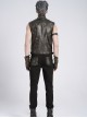 Black Two-Tone Faux Leather Front Small Straps Metal Rivets Decoration Stand Collar Skull Zipper Punk Style Men's Vest