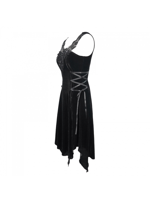 Half-Hollow Collars 3D Beading Side Lace Lace-Up Irregular Sharp-Angled Hem Black Punk Dress