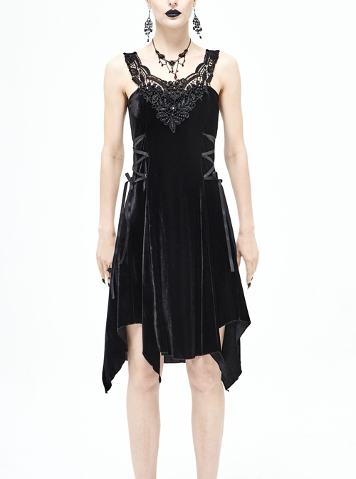 Half-Hollow Collars 3D Beading Side Lace Lace-Up Irregular Sharp-Angled Hem Black Punk Dress