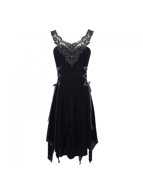 Half-Hollow Collars 3D Beading Side Lace Lace-Up Irregular Sharp-Angled Hem Black Punk Dress