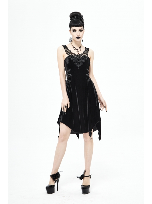 Half-Hollow Collars 3D Beading Side Lace Lace-Up Irregular Sharp-Angled Hem Black Punk Dress