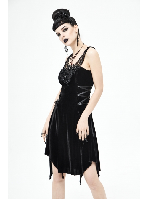 Half-Hollow Collars 3D Beading Side Lace Lace-Up Irregular Sharp-Angled Hem Black Punk Dress