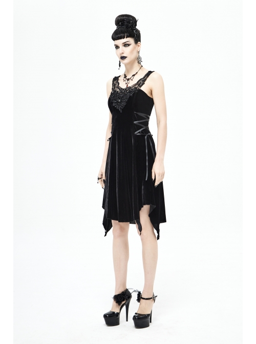 Half-Hollow Collars 3D Beading Side Lace Lace-Up Irregular Sharp-Angled Hem Black Punk Dress