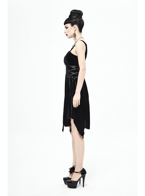Half-Hollow Collars 3D Beading Side Lace Lace-Up Irregular Sharp-Angled Hem Black Punk Dress