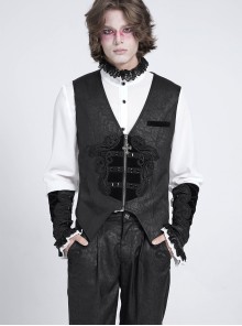 Black Dark Rose Jacquard Front Splicing Velveteen Embroidery Lace Diamonds Decoration Gorgeous Cross Zipper Gothic Style Men's Vest