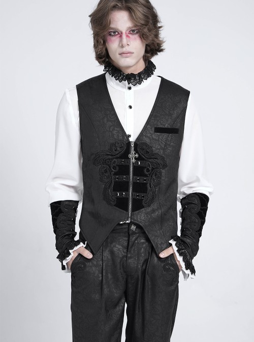 Black Dark Rose Jacquard Front Splicing Velveteen Embroidery Lace Diamonds Decoration Gorgeous Cross Zipper Gothic Style Men's Vest