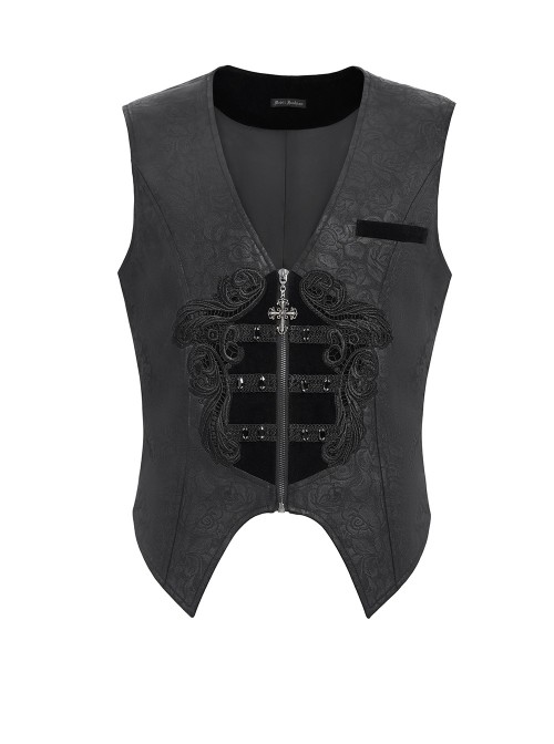 Black Dark Rose Jacquard Front Splicing Velveteen Embroidery Lace Diamonds Decoration Gorgeous Cross Zipper Gothic Style Men's Vest