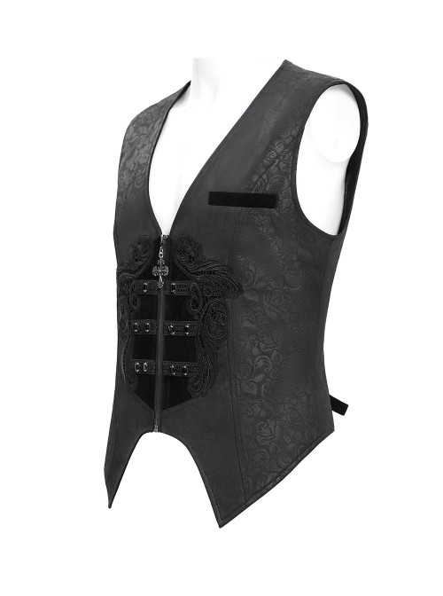 Black Dark Rose Jacquard Front Splicing Velveteen Embroidery Lace Diamonds Decoration Gorgeous Cross Zipper Gothic Style Men's Vest