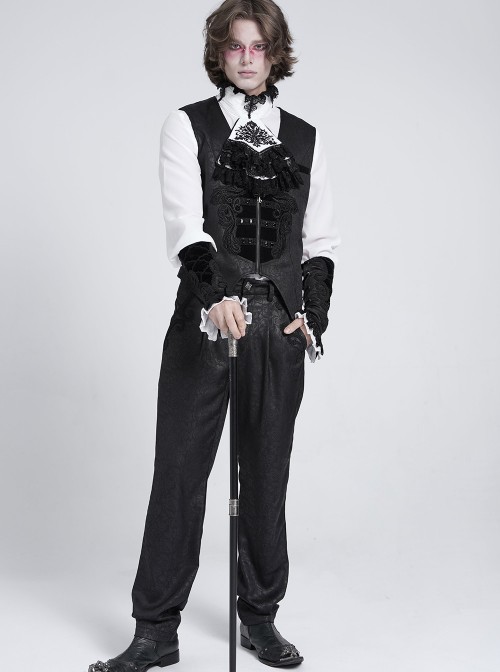 Black Dark Rose Jacquard Front Splicing Velveteen Embroidery Lace Diamonds Decoration Gorgeous Cross Zipper Gothic Style Men's Vest
