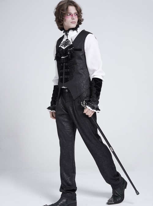 Black Dark Rose Jacquard Front Splicing Velveteen Embroidery Lace Diamonds Decoration Gorgeous Cross Zipper Gothic Style Men's Vest