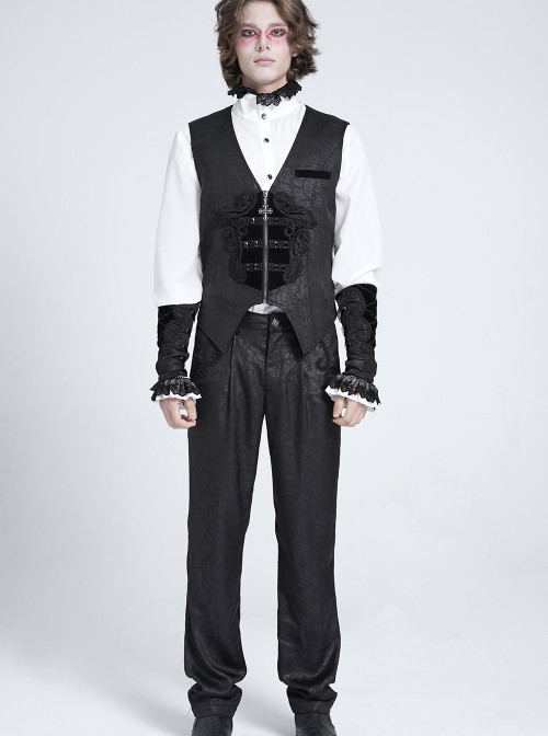 Black Dark Rose Jacquard Front Splicing Velveteen Embroidery Lace Diamonds Decoration Gorgeous Cross Zipper Gothic Style Men's Vest
