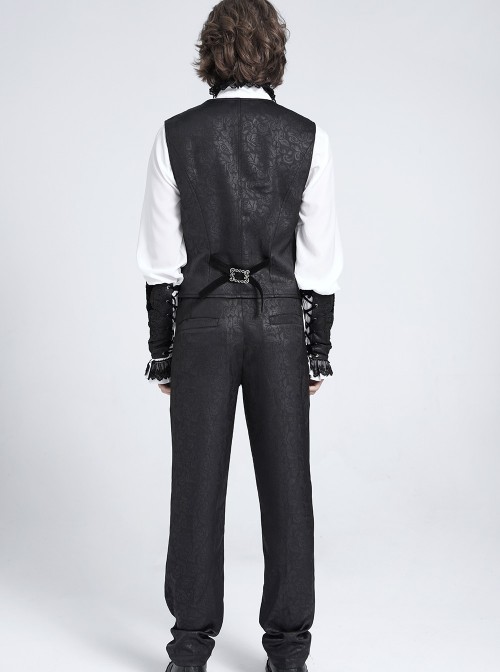 Black Dark Rose Jacquard Front Splicing Velveteen Embroidery Lace Diamonds Decoration Gorgeous Cross Zipper Gothic Style Men's Vest