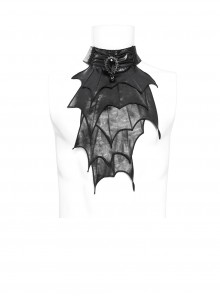Black Glossy Wild Grain Woven Asymmetrical Bat Wings Shaped Detachable Gemstone Brooch Gothic Style Men's Bow Tie