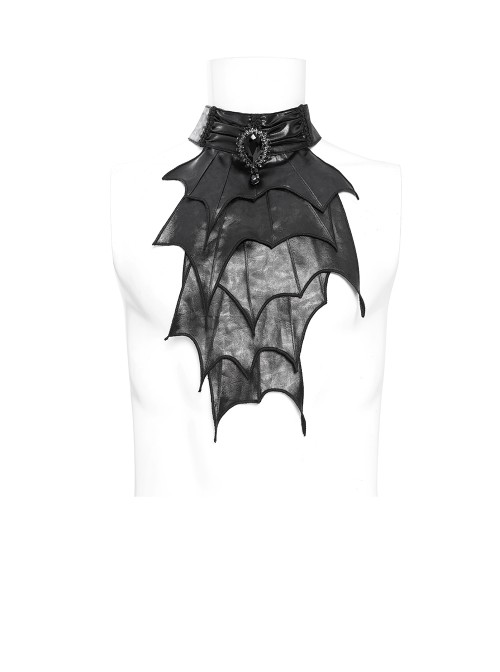 Black Glossy Wild Grain Woven Asymmetrical Bat Wings Shaped Detachable Gemstone Brooch Gothic Style Men's Bow Tie