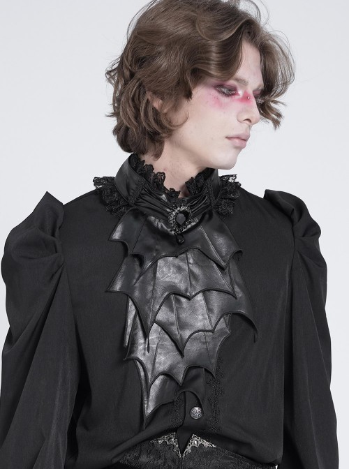Black Glossy Wild Grain Woven Asymmetrical Bat Wings Shaped Detachable Gemstone Brooch Gothic Style Men's Bow Tie
