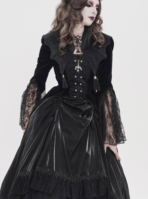 Black Velveteen Bat Wings Shaped Detachable Tassels Stand-Up Collar splicing Flocked Yarn Long Sleeves Swallowtail Gothic Style Coat