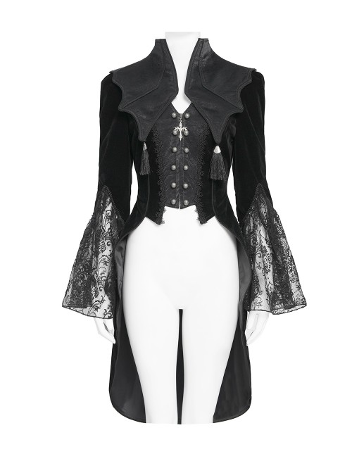 Black Velveteen Bat Wings Shaped Detachable Tassels Stand-Up Collar splicing Flocked Yarn Long Sleeves Swallowtail Gothic Style Coat