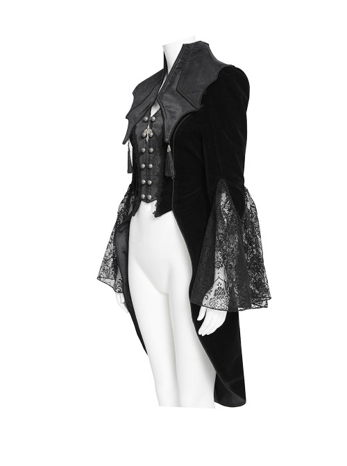 Black Velveteen Bat Wings Shaped Detachable Tassels Stand-Up Collar splicing Flocked Yarn Long Sleeves Swallowtail Gothic Style Coat