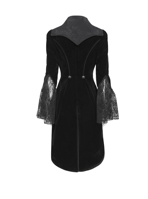 Black Velveteen Bat Wings Shaped Detachable Tassels Stand-Up Collar splicing Flocked Yarn Long Sleeves Swallowtail Gothic Style Coat