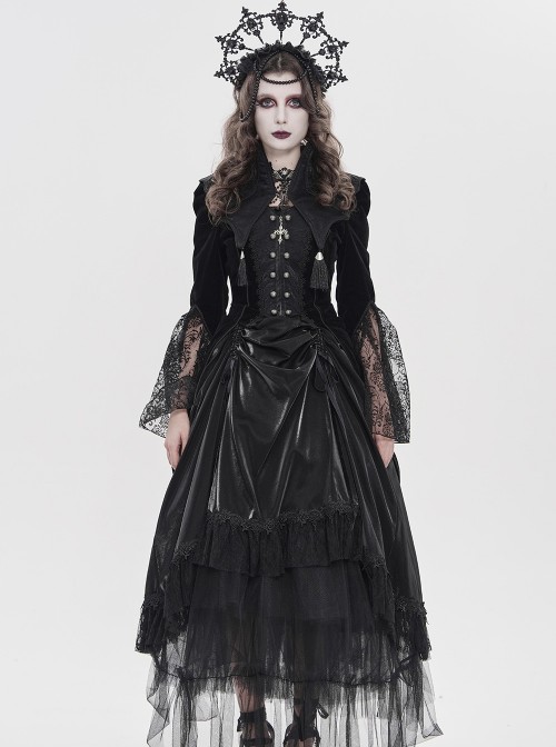 Black Velveteen Bat Wings Shaped Detachable Tassels Stand-Up Collar splicing Flocked Yarn Long Sleeves Swallowtail Gothic Style Coat